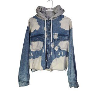 American Eagle SZ XL Women Shacket Denim Bleached Cropped Hooded Cotton Grunge